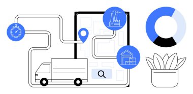 Delivery truck on route with map location, stopwatch, charts, factory, warehouse. Ideal for logistics, supply chain, delivery planning, optimization business strategy operations simple flat