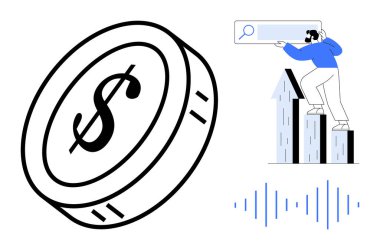 Dollar coin, man standing on rising bar graph, search bar, and sound waves. Ideal for finance, business growth, investment, analytics economic research data trends minimal concepts. Simple flat