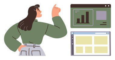 Woman pointing at growth chart and website wireframe. Ideal for data visualization, web design, analytics, UXUI planning, creative strategy, education, teamwork. Simple flat metaphor
