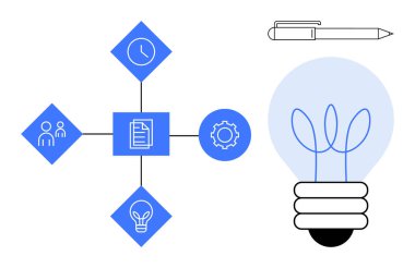 Diagram with lightbulb growth, gears, clock, teamwork, pen, representing creativity, innovation, productivity. Ideal for teamwork strategy brainstorming organization collaboration planning