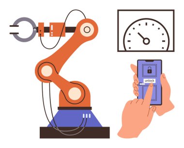 Robotic arm with controls on a smartphone and speed gauge. Ideal for automation, robotics, smart tech, innovation, industrial revolution, engineering, digitalization. A simple flat metaphor