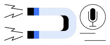 Magnet pulls sound waves toward a microphone, symbolizing attraction, communication, or energy flow. Ideal for marketing, podcasting, branding, media, engagement energy simple landing page