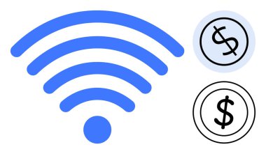 Blue wireless signal radiating outward alongside black and blue dollar signs. Ideal for finance, communication, technology, payment, digital economy, online access, and connectivity concepts. A