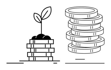 Coin stack with a growing plant symbolizes profit and sustainable investment, next to larger stacked coins emphasizing monetary gain. Ideal for finance, investment, growth, savings, wealth-building