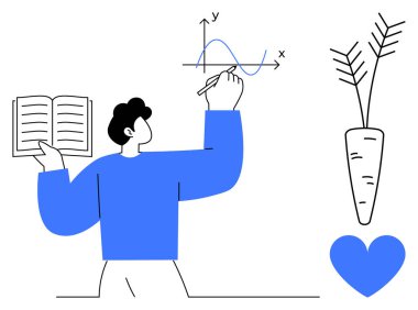Individual plotting graph with book in hand, carrot and heart symbols nearby. Ideal for learning, education, analytics, science, sustainability, self-care, healthy living simple landing page