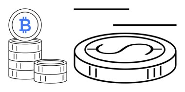 Stacked Bitcoin and dollar coins emphasize cryptocurrency, finance, and economy. Ideal for blockchain, investment, payment, fintech, savings trading and wealth concepts. Minimal flat metaphor