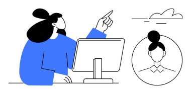 Woman gesturing at cloud symbol while seated at desk with computer, showing a colleague s profile. Ideal for collaboration, remote work, online interaction, cloud computing, networking