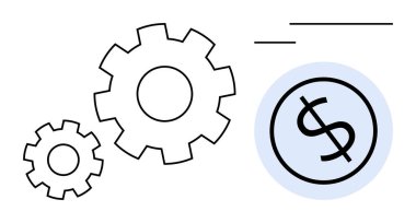 Three interlocking gears and a dollar sign suggest systems, productivity, and economic growth. Ideal for business strategy, financial technology, cost management, efficiency, teamwork