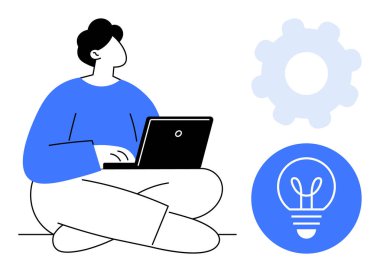Person sitting with laptop, gear icon for process, lightbulb icon for ideas. Ideal for innovation, productivity, creativity, brainstorming, workflow, problem-solving simple landing page