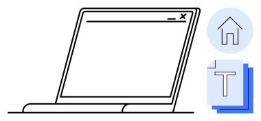 Minimalist laptop screen, home icon, and stacked text documents. Ideal for web design, user interface, development, organization, digital tools, online workspace simple landing page