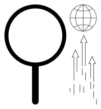 Magnifying glass highlights exploration, arrows signify growth, and a globe suggests global reach. Ideal for research, growth, discovery, progress, analysis innovation education. Simple flat