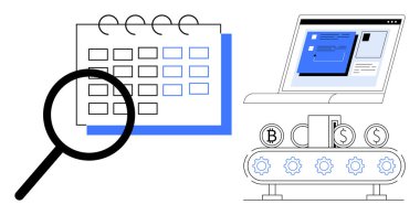 Magnifying glass over calendar, web interface window, and coin conveyor with gears. Ideal for scheduling, planning, productivity, automation, technology finance organization. Simple flat metaphor