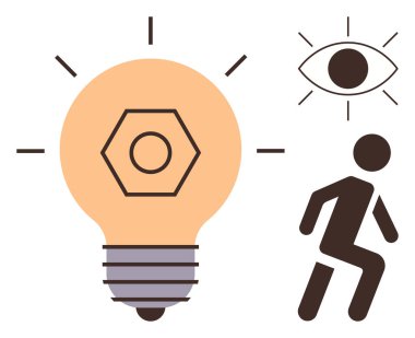 Light bulb radiating ideas, open eye symbolizing vision, and walking figure indicating action. Ideal for creativity, innovation, vision, problem-solving, inspiration, strategy and decision-making