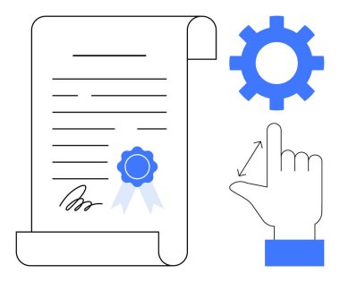 Scroll with a signature and blue seal, hand touching a gear icon, indicating customization, approval, agreement, process optimization. Ideal for business, legality, certification workflow