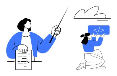Teacher explaining concepts with document and pointer, programmer kneeling with code window. Ideal for education, teamwork, coding, training, collaboration, tutorials, simple landing page