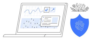 Laptop displaying analytics graphs, interactive elements, shield with fingerprint, decorative flowers. Ideal for technology, data security, digital protection, analytics, business privacy safety