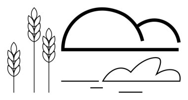 Wheat stalks beside a simplified horizon and abstract clouds. Ideal for nature, farming, agriculture, rural life, sustainability, environment, and growth concepts. Simple flat metaphor