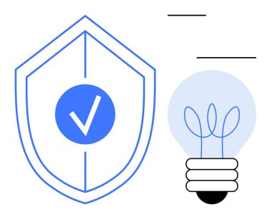 Shield with central checkmark alongside modern lightbulb outline. Ideal for security, innovation, protection, trust, creativity, problem-solving, solutions. Minimal design conveys simple flat