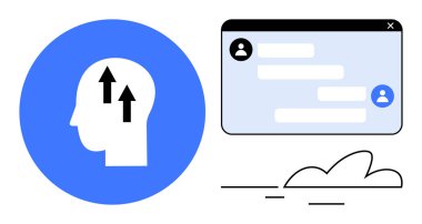 Head profile with upward arrows symbolizing progress, messaging app interface with conversation bubbles, abstract cloud. Ideal for education, growth, networking, self-improvement, brainstorming