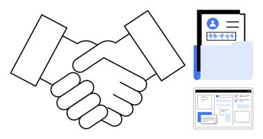 Handshake representing agreement, folder with profile documents and online form reflecting collaboration, teamwork, employment, business partnership, recruitment, decision-making, communication