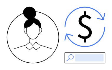 User avatar in circular frame, dollar sign with arrows suggesting transaction or exchange, search bar. Ideal for finance, user analysis, digital services, payments, marketing, e-commerce simple
