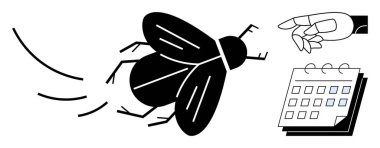 Black fly in movement beside pointing hand and calendar. Ideal for productivity, focus, deadlines, time management, distraction, goal planning, punctuality. Simple flat metaphor