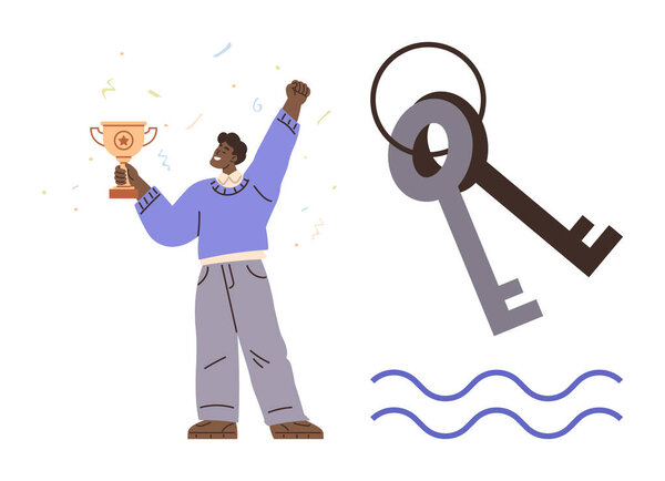 Person raising a trophy in joy and triumph, large vintage keys symbolize ownership and opportunities, wavy lines add movement. Ideal for success, achievement, leadership, motivation, opportunity
