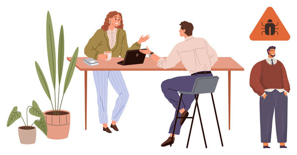 Two colleagues discussing solutions at desk with laptop and coffee, bug warning sign and observer nearby. Ideal for teamwork, problem-solving, technical support, cybersecurity, brainstorming