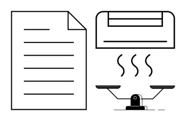 Document with text lines, printer emitting hot papers, and scale symbolizing workflow, productivity, balance, and choices. Ideal for efficiency, decision-making, office tasks work balance