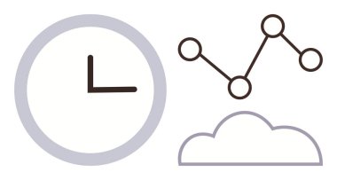 Clock, line graph with connected points, and cloud outline representing time, data tracking, and digital storage. Ideal for productivity, planning, analysis, organization teamwork efficiency
