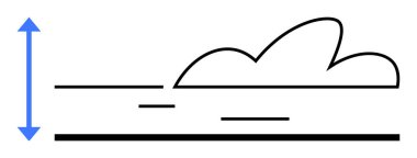 Vertical arrow indicates height measurement, outlined cloud over horizontal lines suggests scale and elevation. Ideal for weather, engineering, aerodynamics, forecasting, altitude, data, simple flat