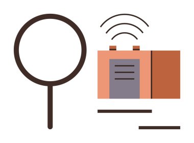 Magnifying glass near a building with active wireless signal lines. Perfect representation of analysis, inspection, communication, research, technology, data, and connection. Clean simple flat