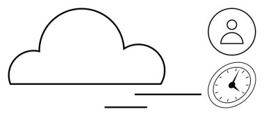 Cloud with motion lines for speed, clock for time management, user icon for accessibility. Ideal for technology, cloud storage, data transfer, workflow, productivity, innovation abstract