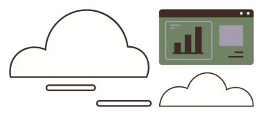 Digital dashboard with bar charts inside a browser window combined with two outlined clouds. Ideal for technology, cloud storage, data management, analytics, online services, software, and modern