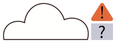 Large outlined cloud next to orange caution sign and gray block with a question mark. Ideal for data management, cybersecurity risks, cloud computing, online safety, problem-solving, decision-making