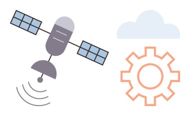 Satellite emitting signals, floating cloud, and gear symbolizing technology, innovation, connectivity, communication, automation, data processing and system integration. Ideal for digital economy