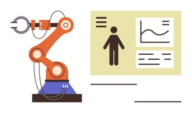 Robotic arm interacting alongside a data dashboard featuring human metrics, charts, and documents. Ideal for technology, data science, automation, human-robot interaction, AI, engineering machine