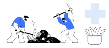 Two workers break rocks with hammers and pickaxes, emphasizing teamwork, perseverance, and effort. Ideal for collaboration, progress, labor, determination teamwork resilience success. Simple flat