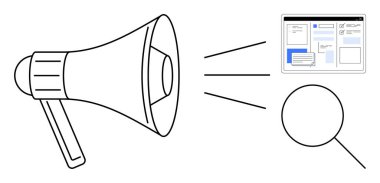 Megaphone projecting sound waves at a web page and magnifying glass, symbolizing communication, online promotion, brand visibility, marketing strategy, audience targeting, SEO, simple flat metaphor
