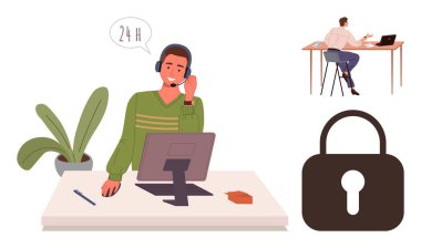 Professional with headset at desk assisting clients, small office setup, and security padlock graphic. Ideal for customer support, teamwork, communication, remote work, cybersecurity, client service