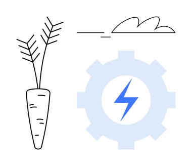 Minimalist composition with carrot, gear, and lightning bolt. Ideal for sustainability, agriculture, renewable energy, eco-technology, productivity, innovation efficiency simple flat metaphor