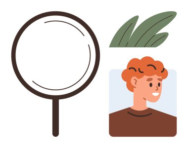 Magnifying glass near portrait of a smiling person with layered green leaves. Ideal for recruitment, search, profile identification, exploration, online platforms, self-representation, simple flat
