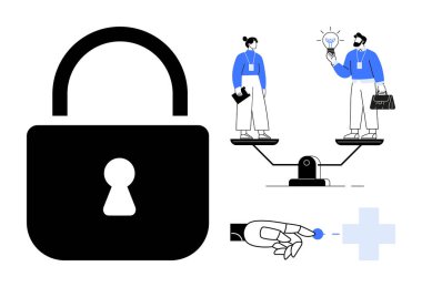 Large lock represents security, workers on balance symbolize equality, robotic hand highlights technology. Ideal for security, technology, equality, innovation, teamwork, digital ethics future