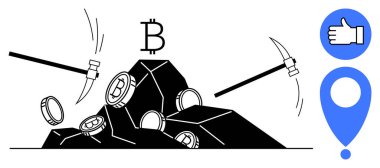Pickaxes breaking rocks to retrieve Bitcoin coins symbolizing cryptocurrency mining and digital currency concepts. Ideal for technology, blockchain, economy, innovation, investment, cryptocurrency