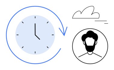 Clock with arrow indicating time flow, minimalist person icon, and cloud element. Ideal for time management, productivity, scheduling, workflow, goal setting, planning simple landing page