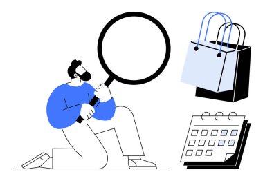 Man holding a large magnifying glass, examining shopping bags and a calendar. Ideal for business analysis, retail strategy, consumer behavior, market research, scheduling, e-commerce trends, time