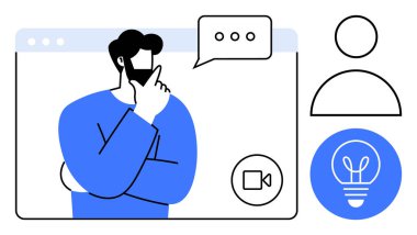 Man thinking during online video call with a speech bubble and idea. Video interface, user profile, and bulb visuals. Ideal for creativity, brainstorming, remote work, communication, teamwork