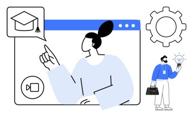 Woman pointing to graduation cap in browser window with video icon, businessman holding lightbulb and briefcase, gear graphic. Ideal for e-learning, innovation, virtual teamwork, education, business