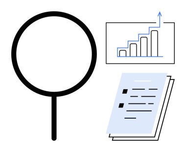 Magnifying glass examining documents, bar graph with upward trend. Ideal for analytics, market trends, research, insights, audits, evaluation business planning. Clear simple flat metaphor