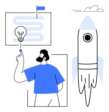 Man pointing at a lightbulb with a flowchart and flag in the background beside a rocket. Ideal for innovation, business startup, goal achievement, leadership, progress, creativity, simple flat